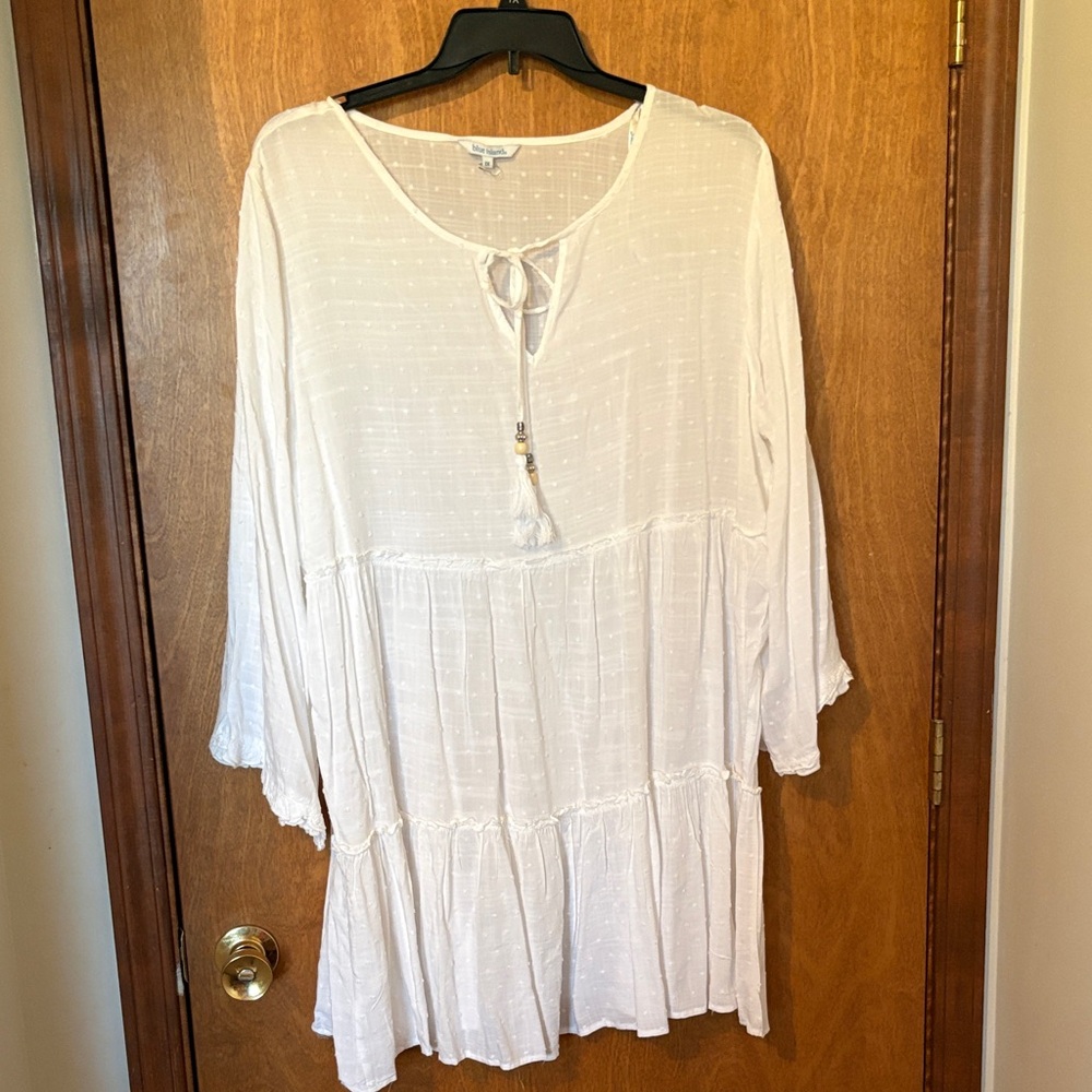 blue island White Boho Tiered Tunic Dress with Tassel Tie